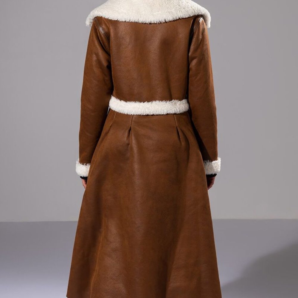 Miz Milk Chocolate Aviatrix Sherpa Lined Vegan Leather Convertible Trench Coat L - Picture 4 of 15